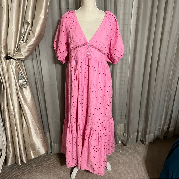 NWT Zara Openwork Embroidered Eyelet Puff Sleeve Pink Maxi Dress - Picture 4 of 6